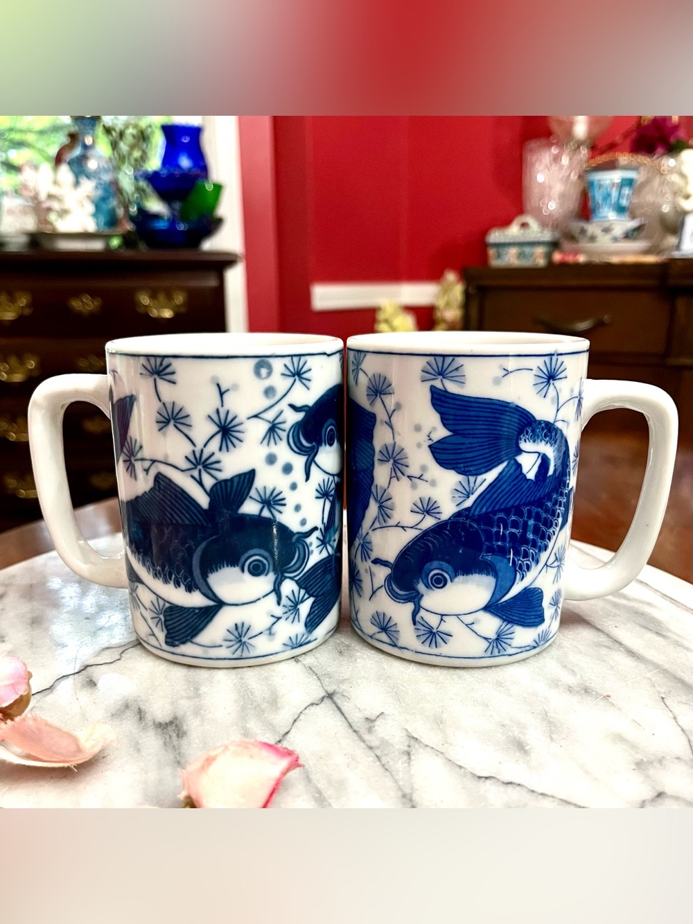 Vintage Chinese KOI FISH Blue & White Ceramic Coffee Mugs Set of 2